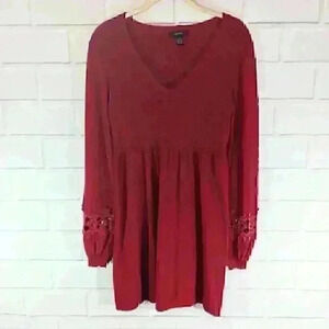 Alfani Red V-Neck Sweater Dress Crocheted Sleeve Panel